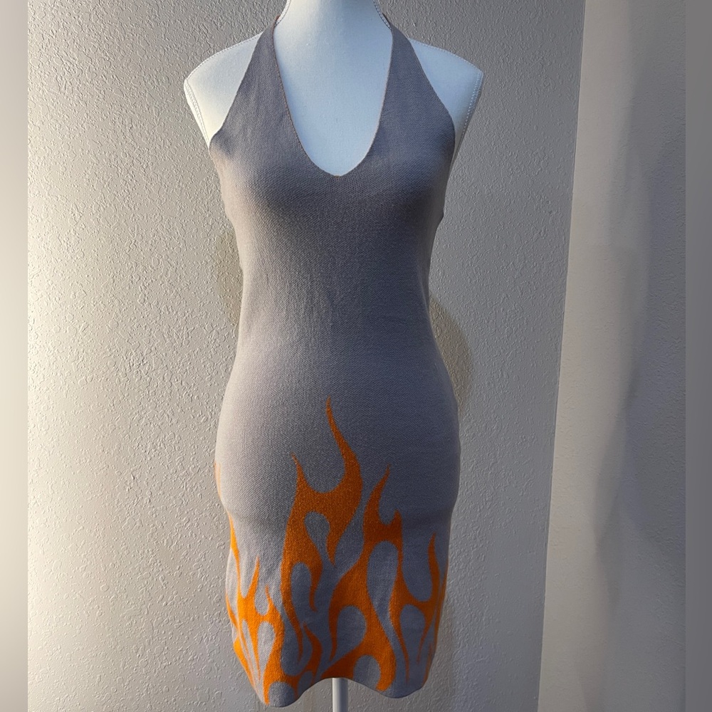 FOREVER 21 Halter Top Flame Mini Dress SZ M New With Tags Gray Orange Flames